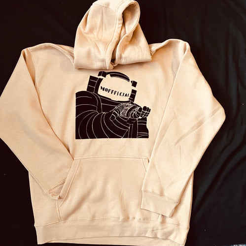 Sand colored hoodie with a black SpaceMoe design on the front